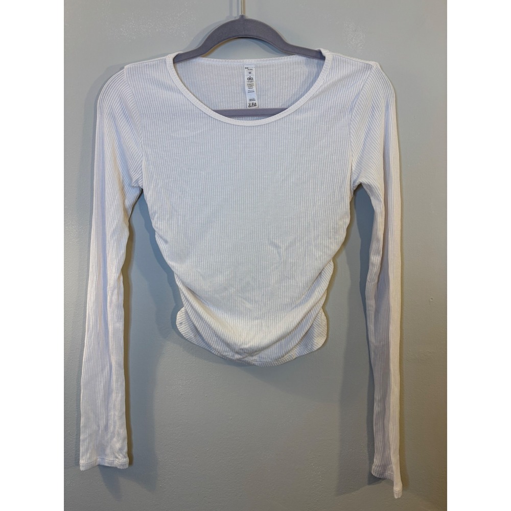 ALO Yoga White Ribbed Long Sleeve T Shirt M Ruched Sides